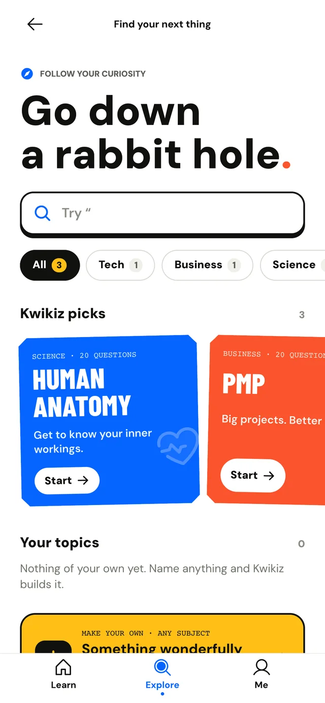 Kwikiz explore screen with topics